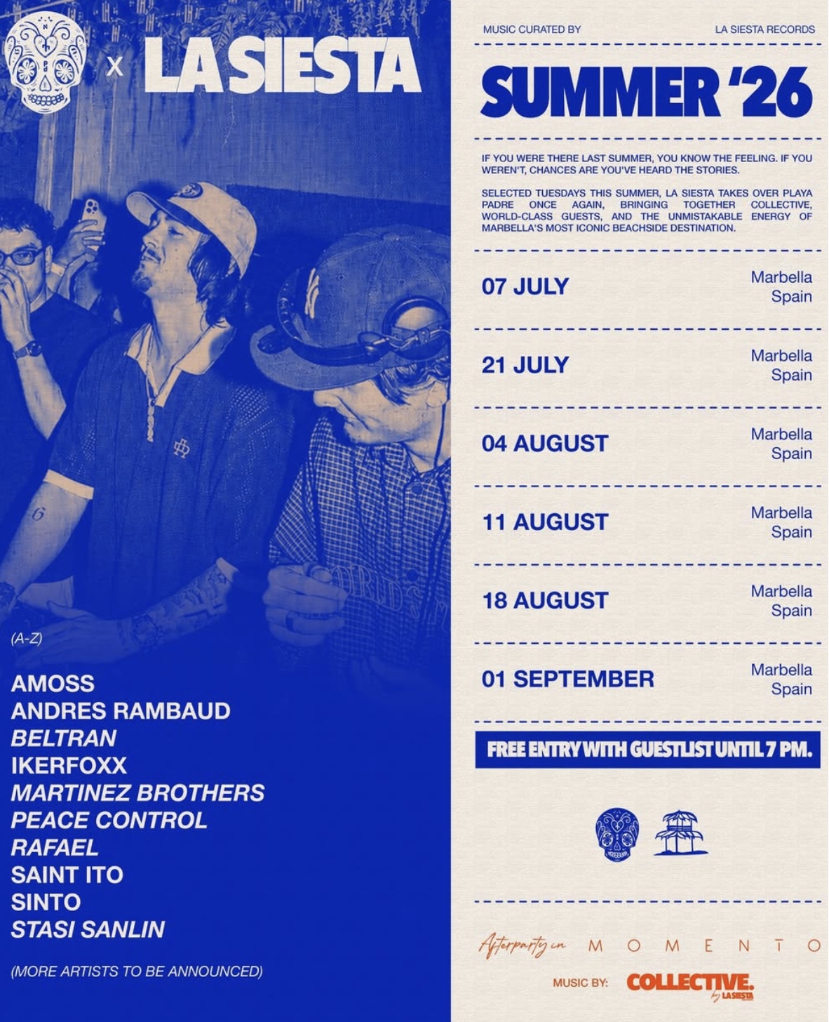 Summer 26 line-up poster for the NPO x LA SIESTA Tuesday takeover at Playa Padre, Marbella