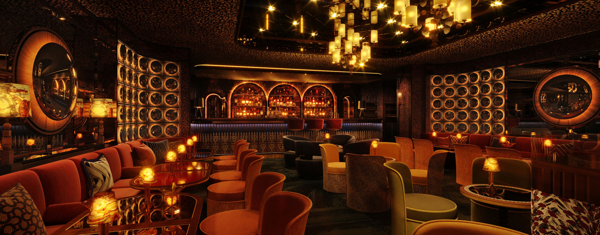 Interior of NYX Club Marbella inside Puente Romano, velvet banquettes and lamplit tables around a back bar